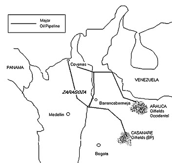 BP’s pipelines run from south of Barrancabermeja and Casanare to Coveñas. The more northern Caño Limon pipeline is used by the US multinational Occidental. BP’s pipelines run from south of Barrancabermeja and Casanare to Coveñas. The more northern Caño Limon pipeline is used by the US multinational Occidental.